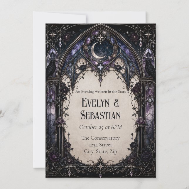 Convite de Casamento em Vidro Colorido Gótico (Frente)