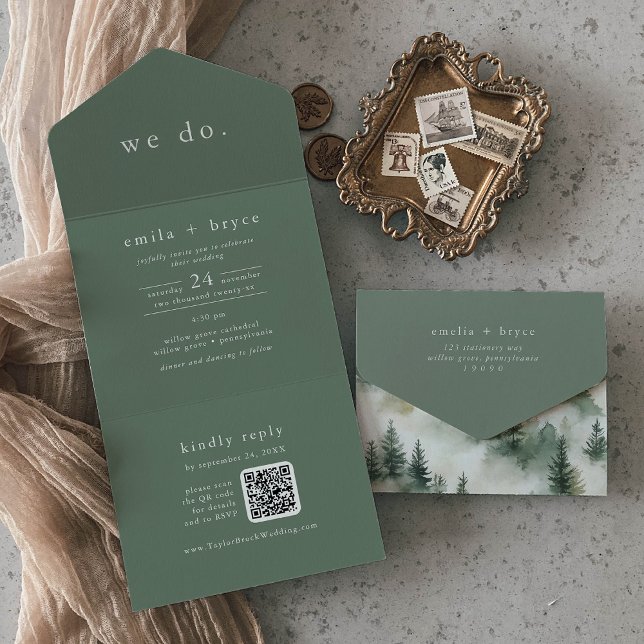 Convite de casamento EMELIA QR Code Sage Verde Flo (EMELIA QR Code Sage Green Forest Woodland Wedding All In One Invitation)