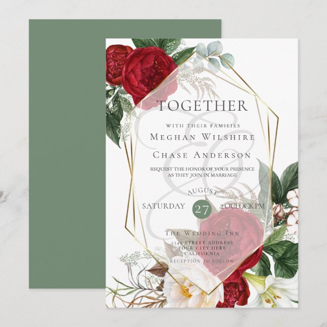 Convite De Casamento | Escarlate e Ivory Floral (Frente/Verso)