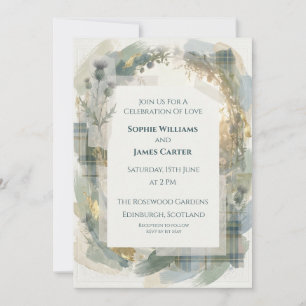 Convite de Casamento Escocês Blue Tartan Thistle