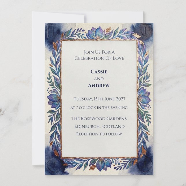 Convite de Casamento Escocês Botânico Azul (Frente)
