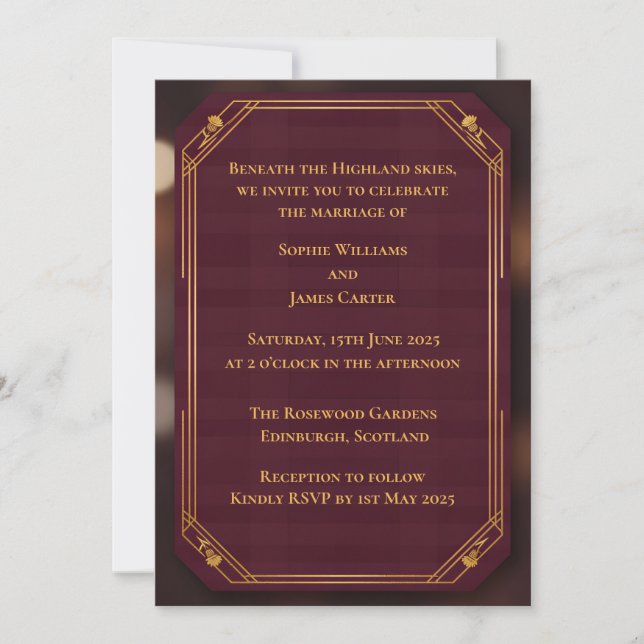 Convite de Casamento Escocês Burgundy Gold | R (Frente)