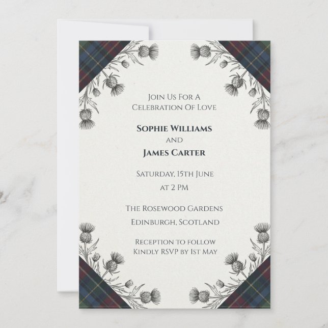 Convite de Casamento Escocês Floral Tartan (Frente)