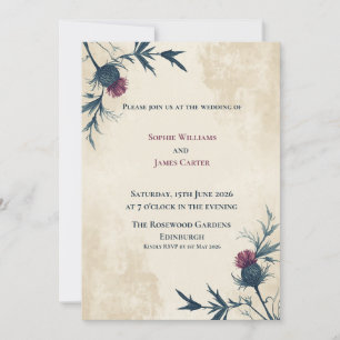 Convite de Casamento Escocês Navy Thistle Parchmen
