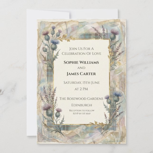 Convite de Casamento Escocês Soft Thistle Bluebell (Frente)
