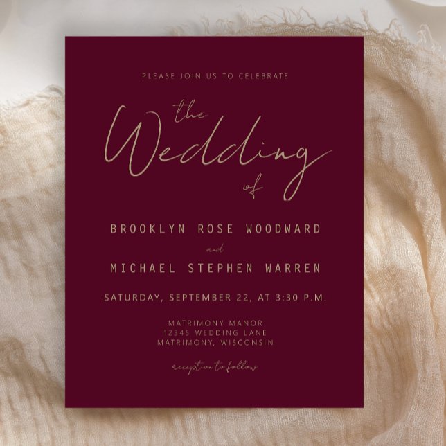 Convite de Casamento Escrito em Burgundy Mínimo Do (Criador carregado)