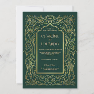 Convite de Casamento Esmeralda Dourada Arte Nova M