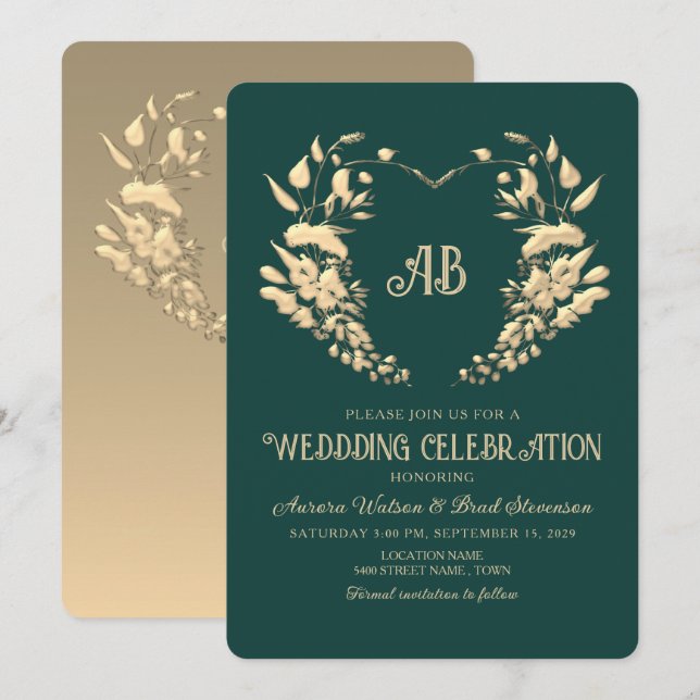 Convite de Casamento Esmeralda Floral Dourada Mono (Frente/Verso)