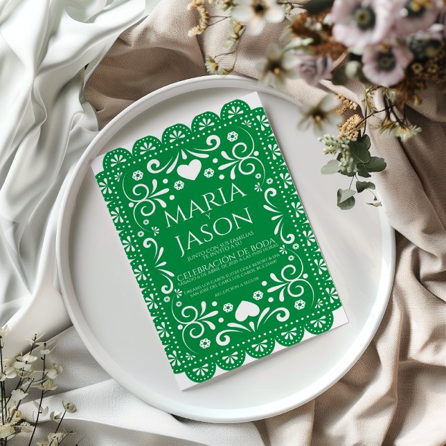 Convite de Casamento Espanhol Arte Popular Branco  (Papel Picado Green White Folk Art Spanish Wedding Invitation)