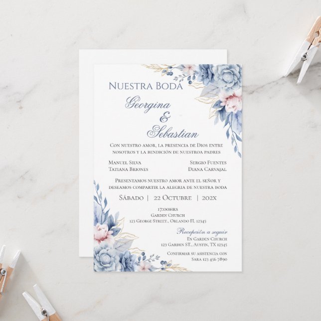 Convite de Casamento Espanhol Azul Floral (Frente/Verso In Situ)