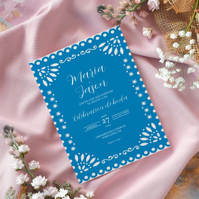 Convite de Casamento Espanhol Boda Tradicional Pap (Blue Papel Picado Traditional Boda Spanish Wedding Invitation)