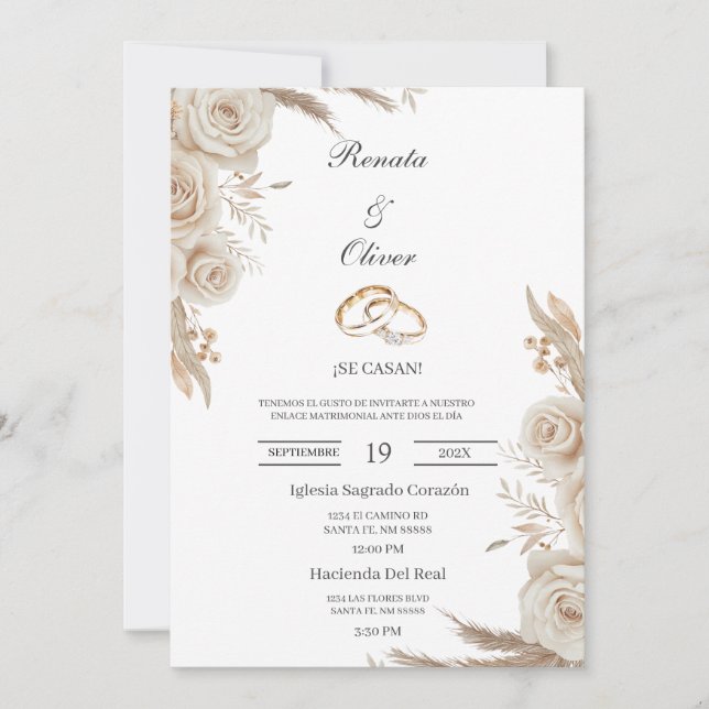 Convite de casamento espanhol com anel de casament (Frente)