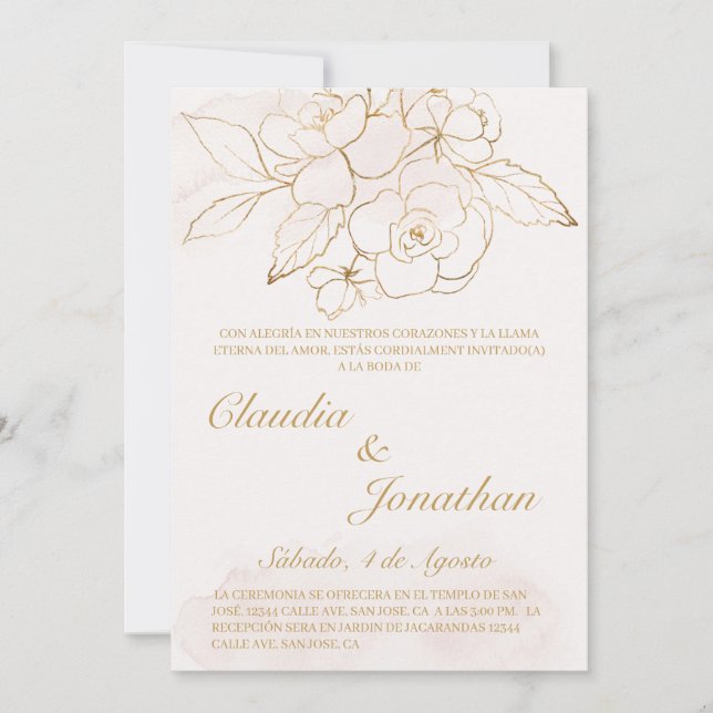 convite de casamento espanhol de flores Douradas (Frente)