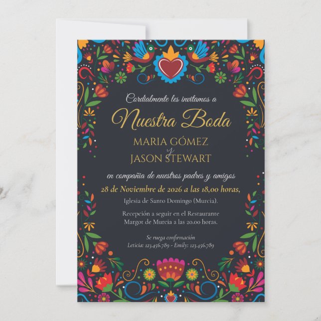 Convite de Casamento Espanhol Fiesta Floral Preto  (Frente)