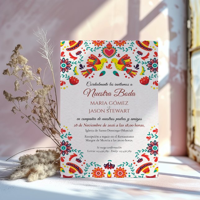Convite de Casamento Espanhol Fiesta Sombrero Folk (Fiesta Sombrero Folk Art Spanish Wedding Invitation)