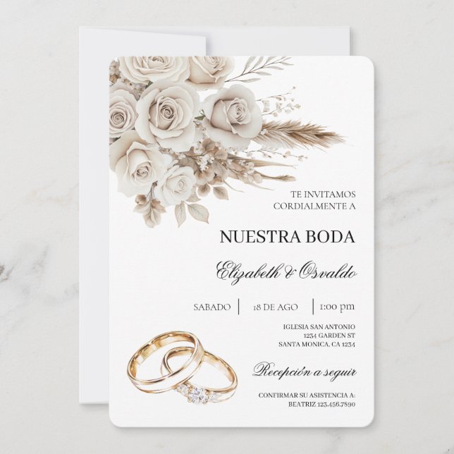 Convite de casamento espanhol floral branco (Frente)