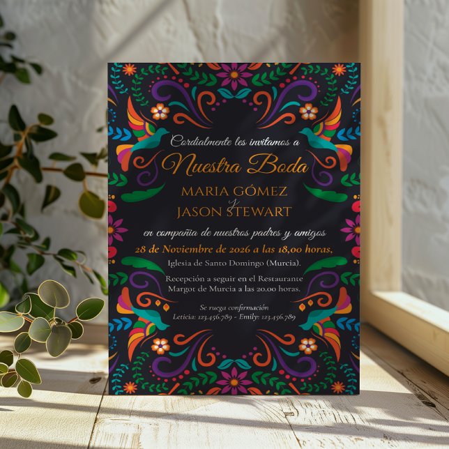 Convite de Casamento Espanhol Floral Colorido Pret (Black Colorful Floral Nuestra Boda Spanish Wedding Invitation)
