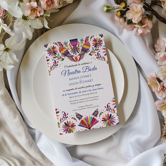 Convite de Casamento Espanhol Floral Otomi Tenango (Otomi Tenangos Folk Art Floral Spanish Wedding Invitation)