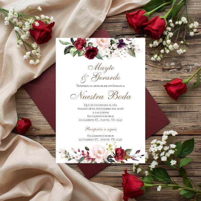 Convite de Casamento Espanhol Vermelho Floral (Criador carregado)