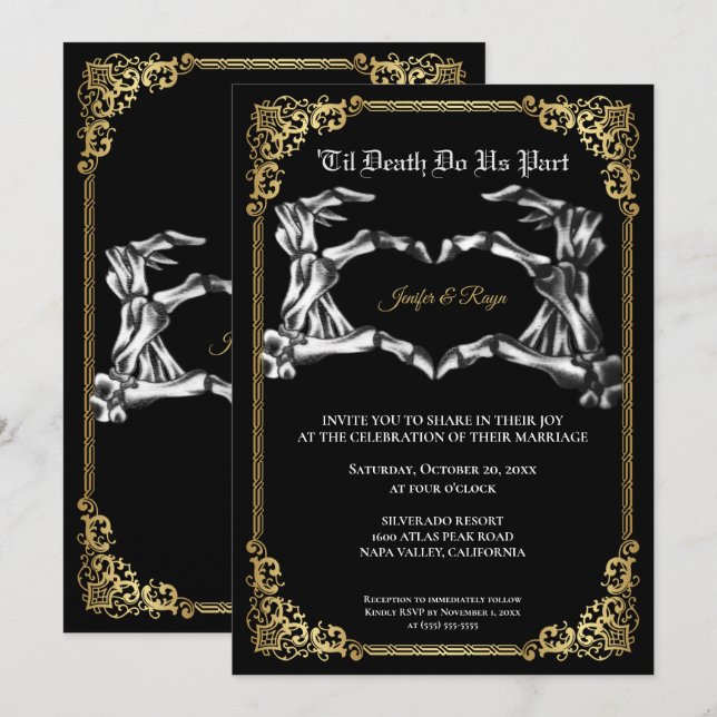 Convite de casamento esqueleto de Halloween gótico (Frente/Verso)