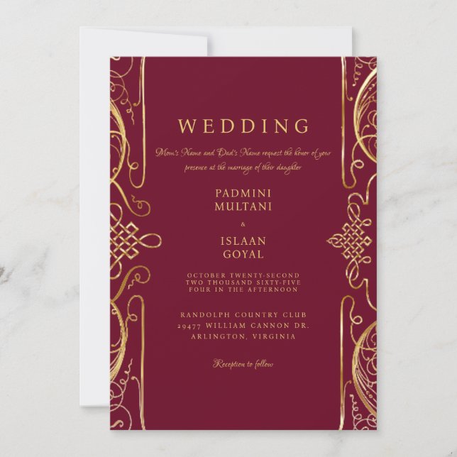 Convite de Casamento Estilo Indiano Vermelho Regal (Frente)