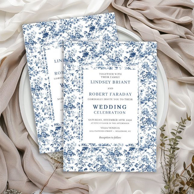 Convite de Casamento Estilo Toile Azul Real Clássi (Classic Royal Blue Toile Wedding Invitation Style)