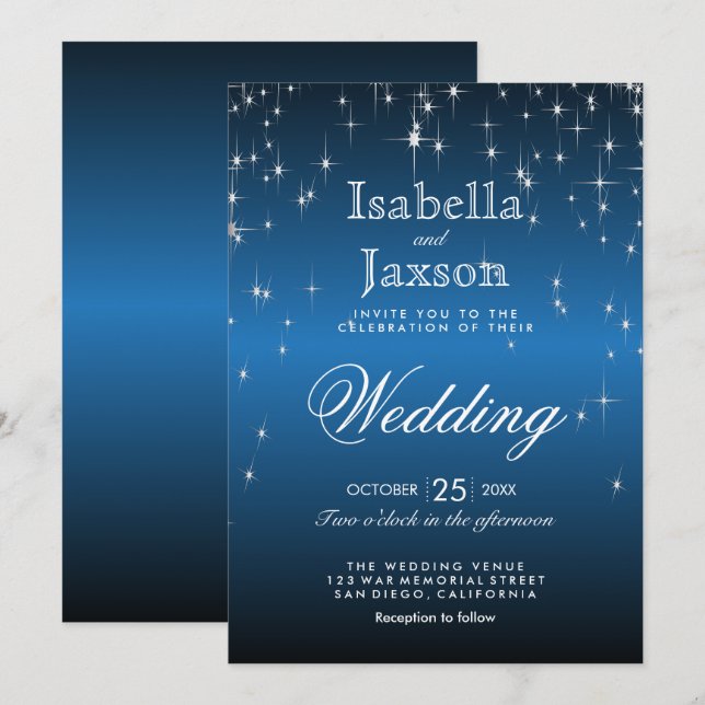 Convite de Casamento Estrela Azul Elegante Luzes (Frente/Verso)