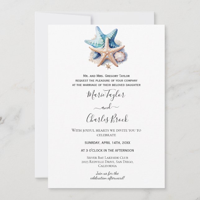 Convite de Casamento Estrela-do-Mar Náutica (Frente)