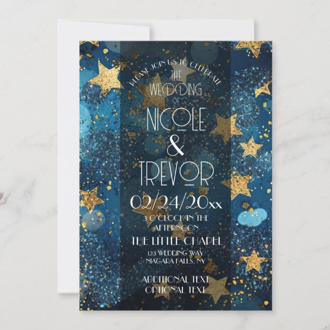 Convite de Casamento Estrelas Azul Ouro (Frente)