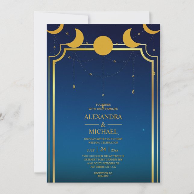 Convite de Casamento Estrelas Celestiais Dourado A (Frente)