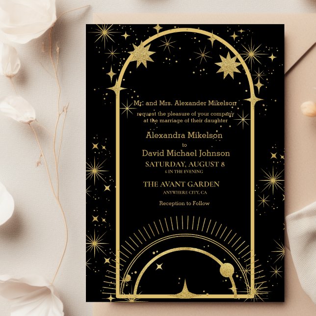 Convite de Casamento Estrelas Celestiais Ouro Pret (Criador carregado)