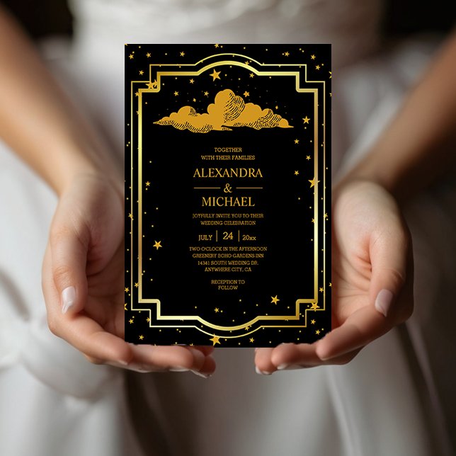 Convite de Casamento Estrelas Celestiais Ouro Pret (Criador carregado)