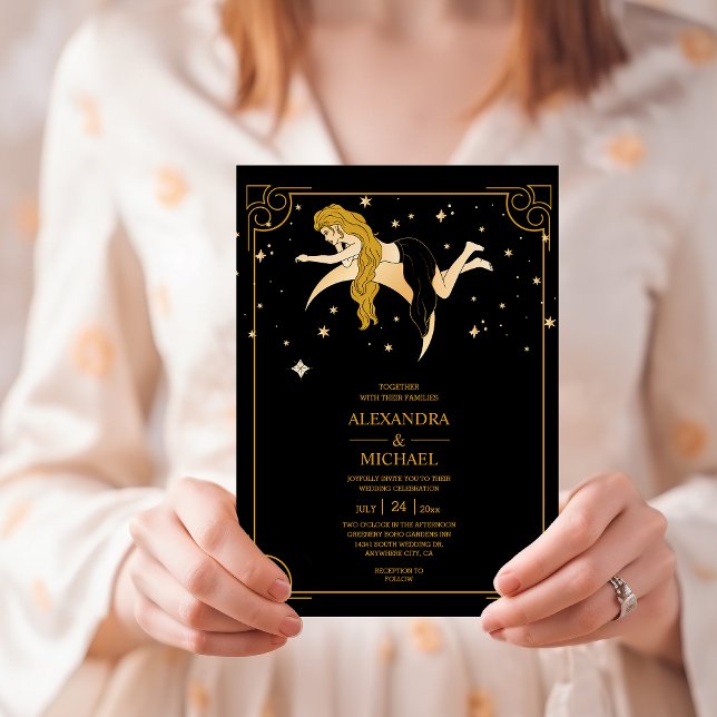 Convite de Casamento Estrelas Celestiais Ouro Pret (Criador carregado)