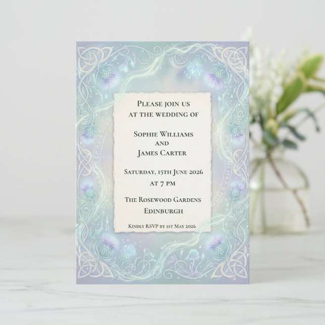 Convite de Casamento Étereo com Cardo Celta (Em pé/Frente)