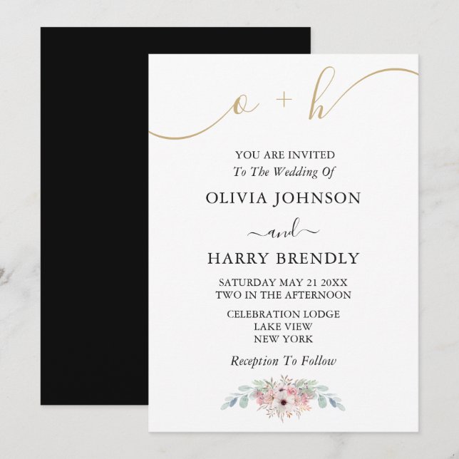 Convite de casamento Eucalipto Russo Dourado Branc (Frente/Verso)