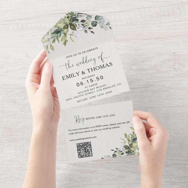 Convite de Casamento Eucalyptus All in One (Aba destacável)