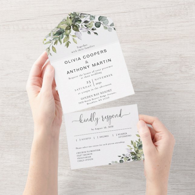Convite de Casamento Eucalyptus All in One (Aba destacável)