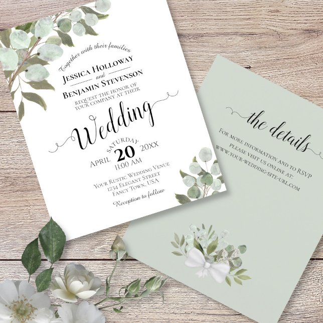 Convite de Casamento Eucalyptus BUDGET com Detalhe (Front and Back)