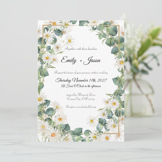 Convite De Casamento Eucalyptus Daisy Botânico (Em pé/Frente)