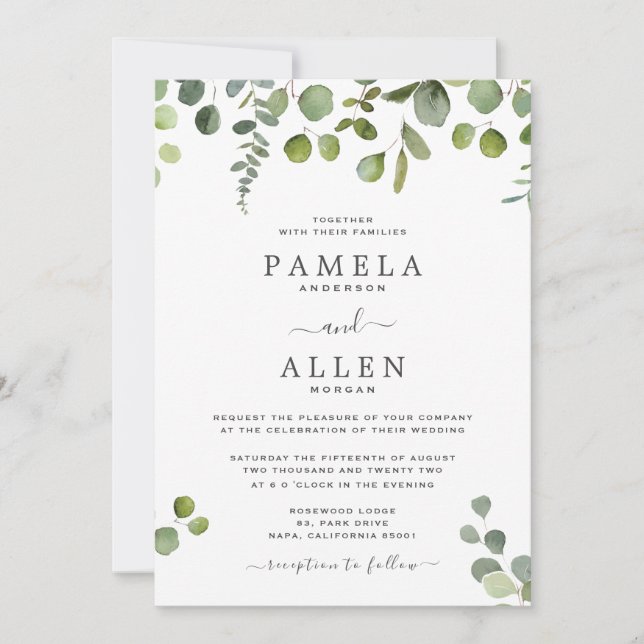 Convite De Casamento Eucalyptus De Script Elegante (Frente)