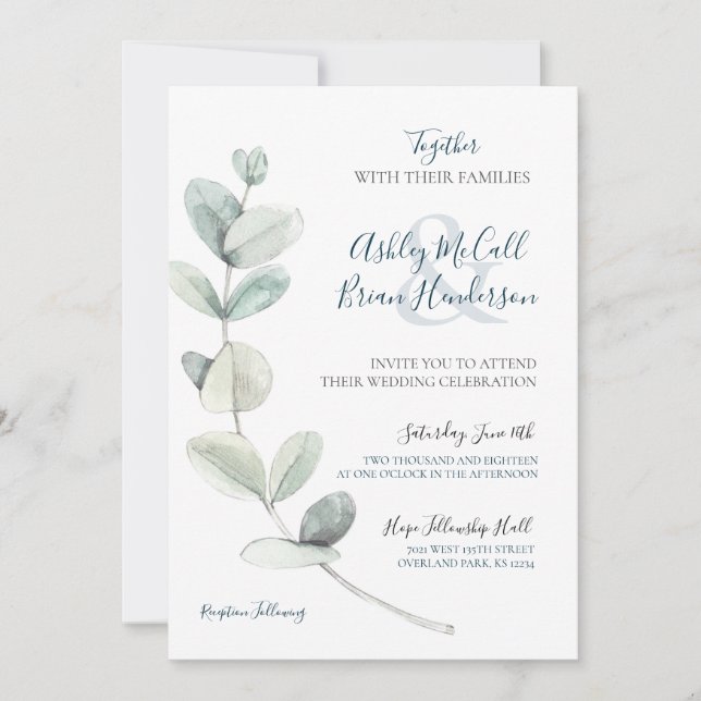 Convite de casamento Eucalyptus Modern Watercolor (Frente)