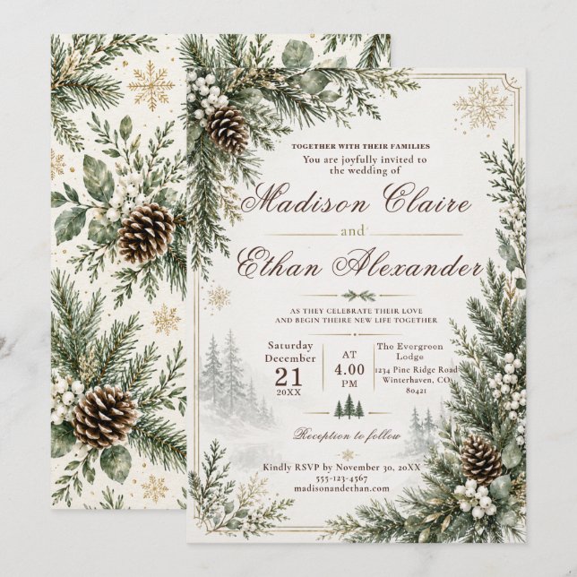 Convite de Casamento Evergreen de Inverno (Frente/Verso)