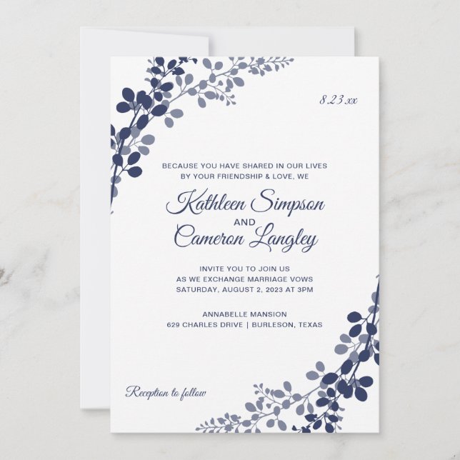 Convite de Casamento Exquisite Vines | Azul Naval (Frente)