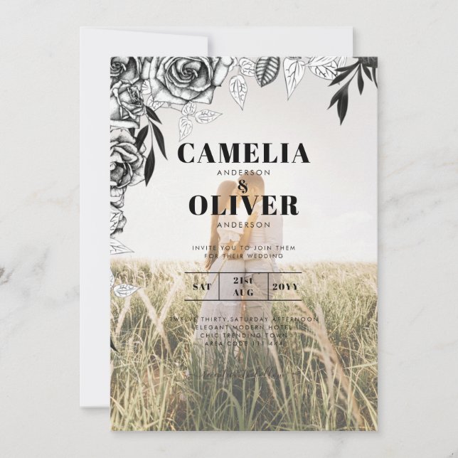 Convite de casamento EXTERIOR DA FOTO Rosas Pretos (Frente)