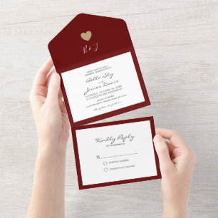 Convite de Casamento Fall Burgundy Heart All in On