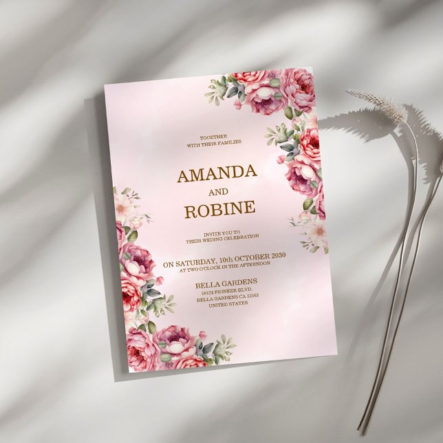 Convite De Casamento Falso Botânico Cor-De-Rosa (Criador carregado)