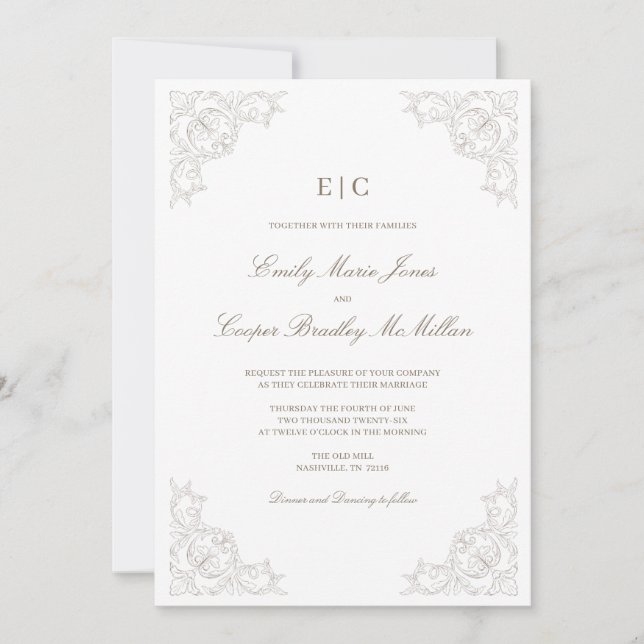 Convite de Casamento Fanciful Frame - Mocha Mousse (Frente)
