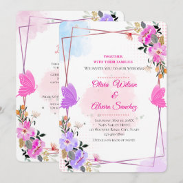Convite de Casamento Fantasioso Roxo Rosa Floral D