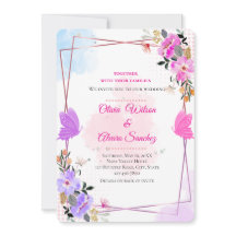 Convite de Casamento Fantasioso Roxo Rosa Floral D
