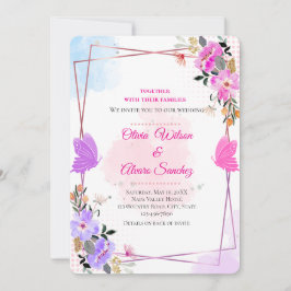 Convite de Casamento Fantasioso Roxo Rosa Floral D